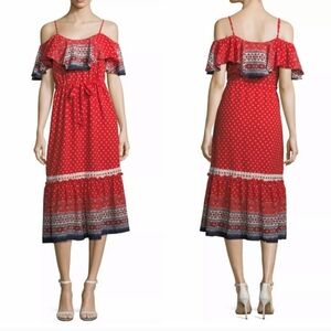 MISA Los Angeles Aztec Print Midi Dress XS Off Shoulder Flowy Red, Navy,White